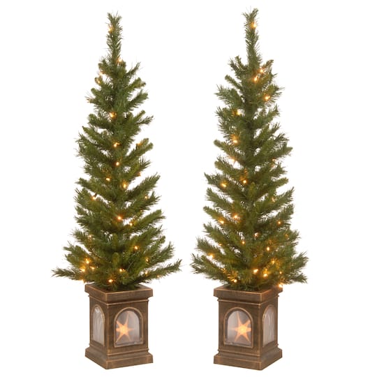 National Tree Company; 4ft. Pre-Lit Lehigh Valley Pine Entrance Trees with Clear Lights, Set of Two; Category:Shop All Christmas Trees; Image:1